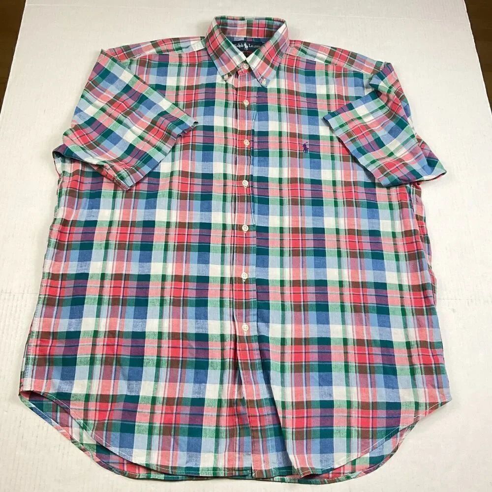 Ralph Lauren Mens Cotton Blake Button Down Shirt Plaid Short Sleeve Casual Large